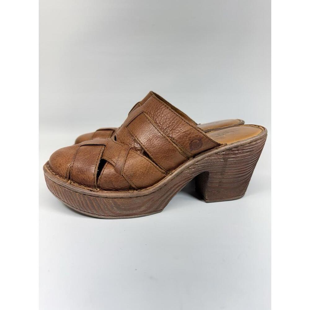 BORN Pollina Platform Chunky Brown Leather  CLOGS Mules‎ Y2K Block Heel Women 8m